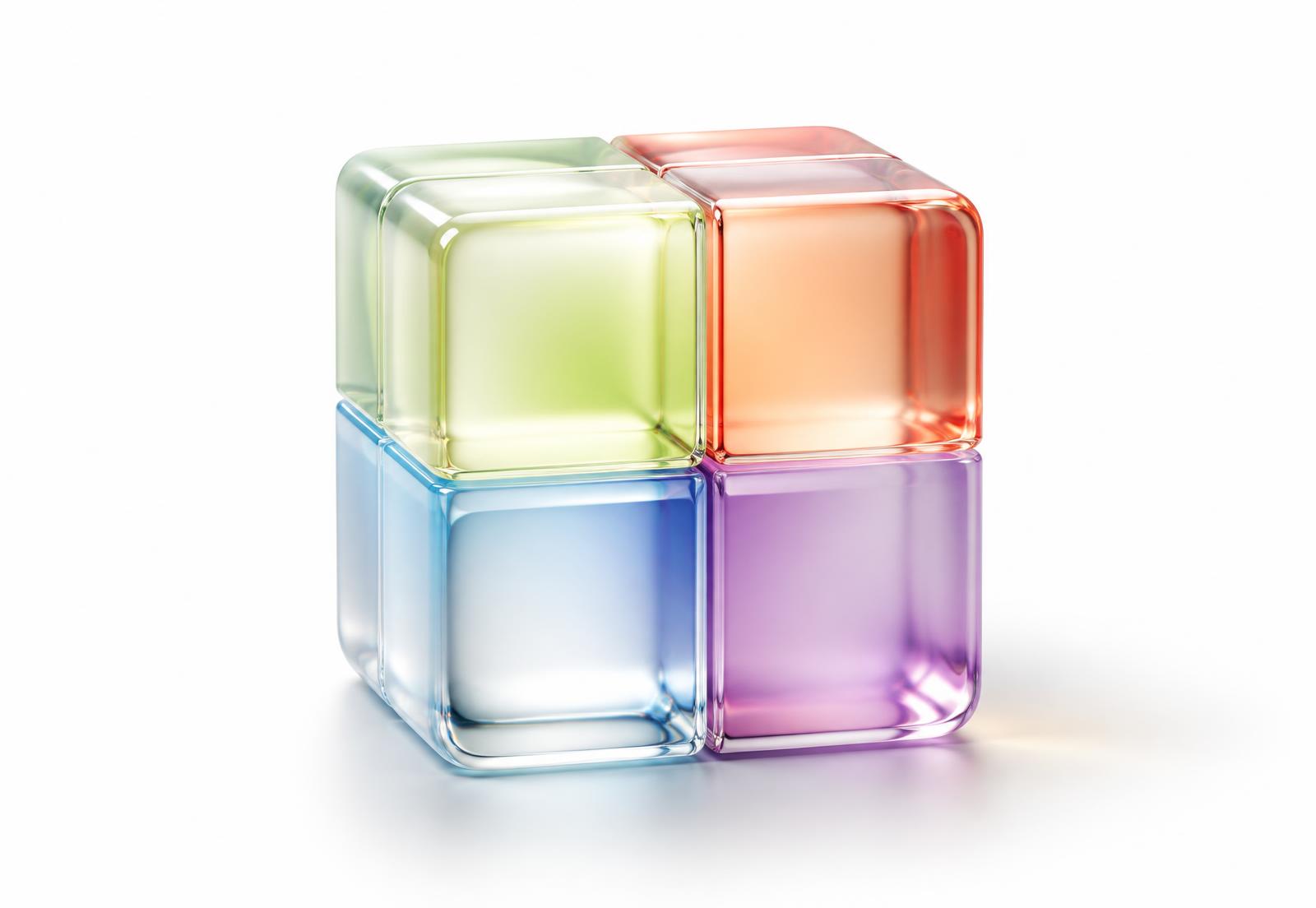 Four translucent glass cubes joined into a single block